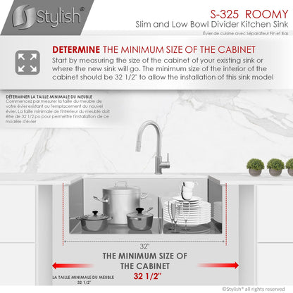 Stylish Roomy 32" x 18" Low Divider 60-40 Double Bowl Undermount Stainless Steel Kitchen Sink S-325XG