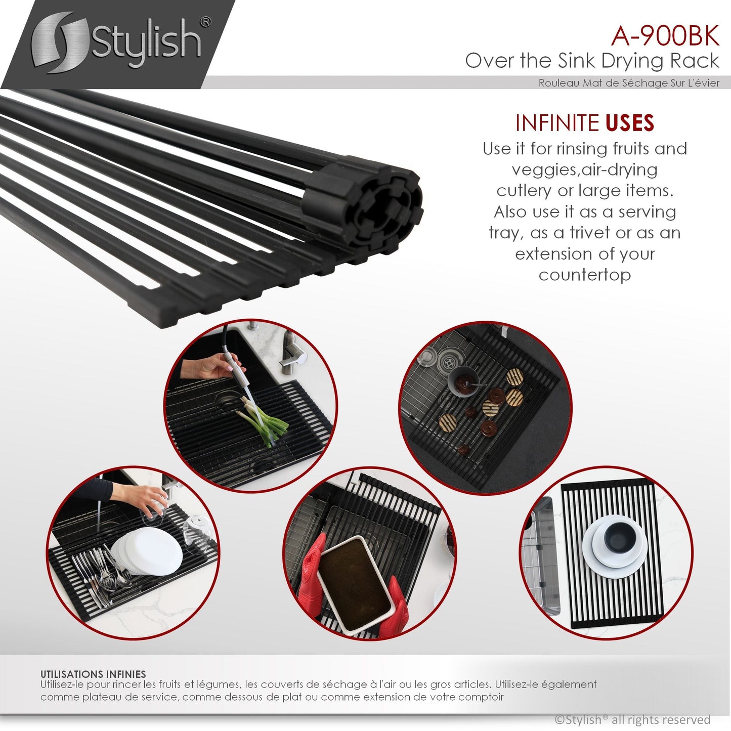 Stylish 20" Over the Sink Roll-up Drying Rack Black A-900BK