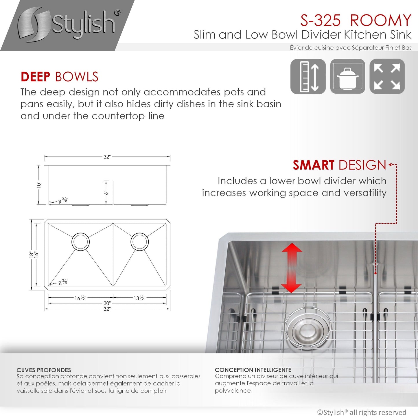 Stylish Roomy 32" x 18" Low Divider 60-40 Double Bowl Undermount Stainless Steel Kitchen Sink S-325XG