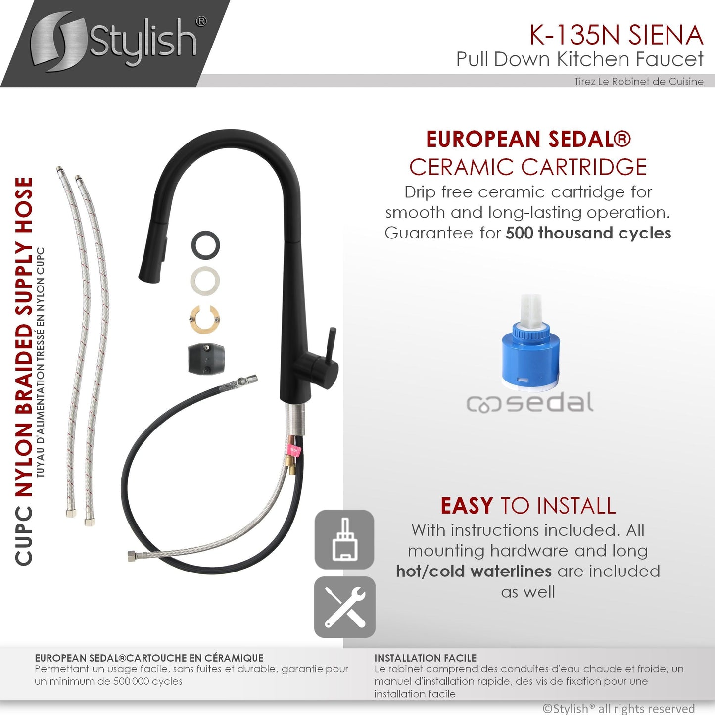 Stylish Siena 17" Kitchen Faucet Single Handle Pull Down Dual Mode Stainless Steel in Matte Black Finish K-135N