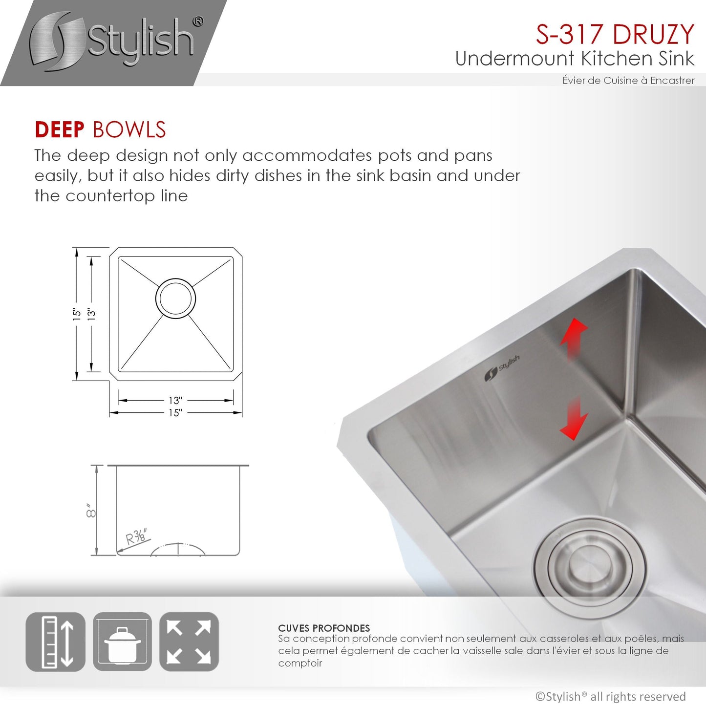 Stylish Druzy 15" x 15" Single Bowl Undermount Stainless Steel Kitchen Bar Prep Sink S-317G