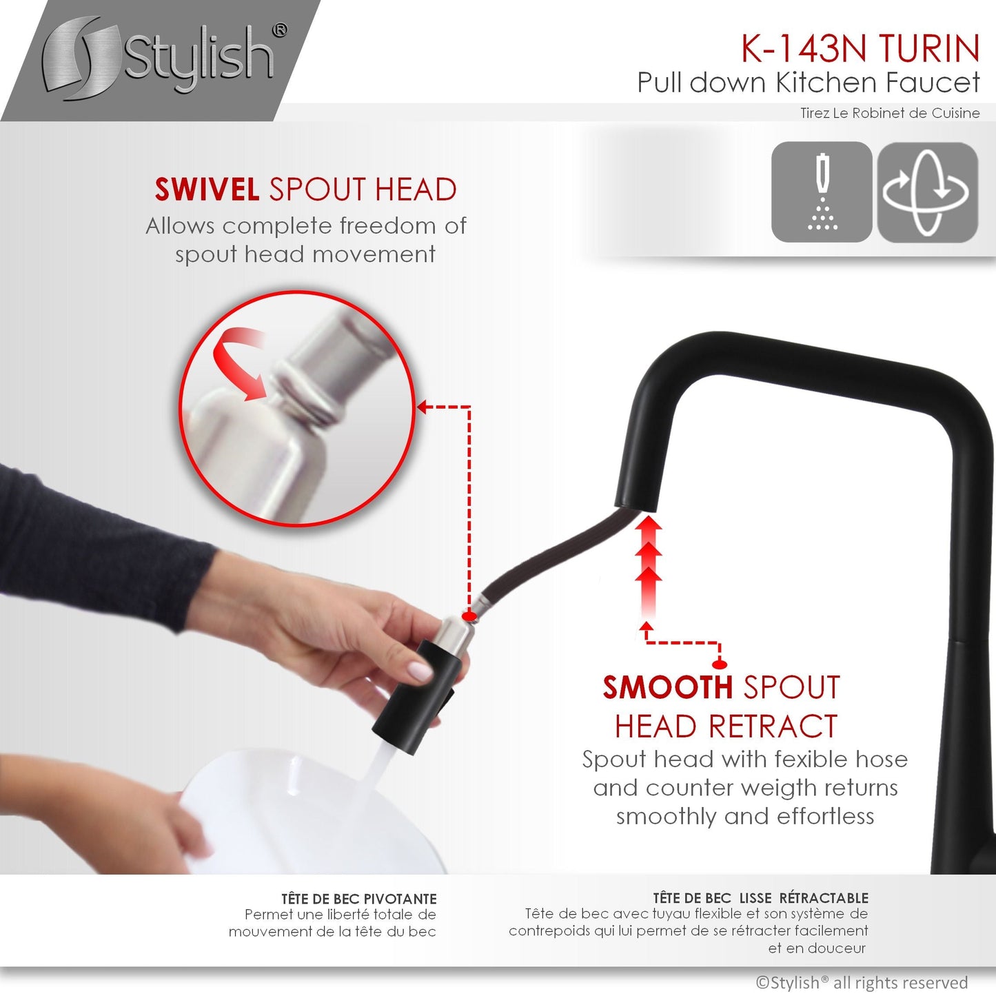 Stylish Turin 17" Kitchen Faucet Single Handle Pull Down Dual Mode Lead Free Matte Black K-143N