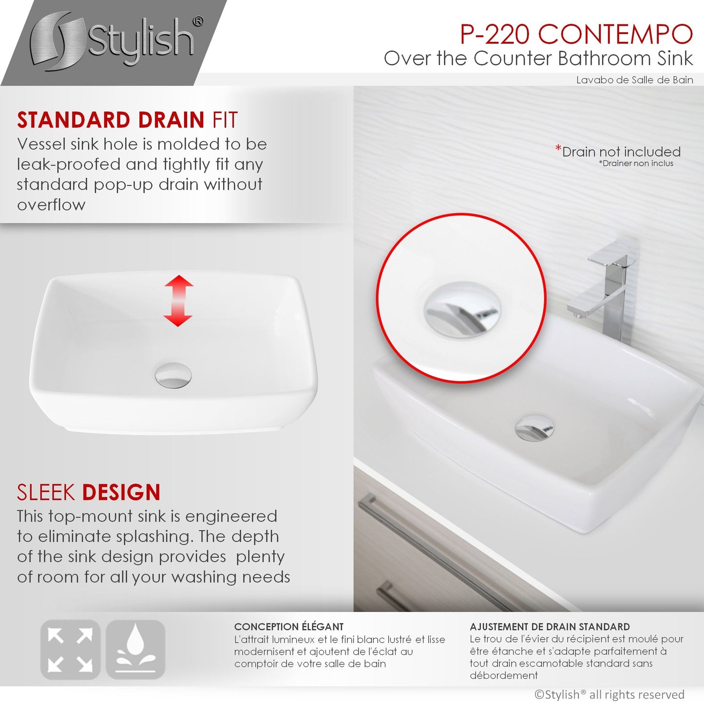 Stylish Contempo 19" x 13.38" Rectangular Vessel Bathroom Sink P-220