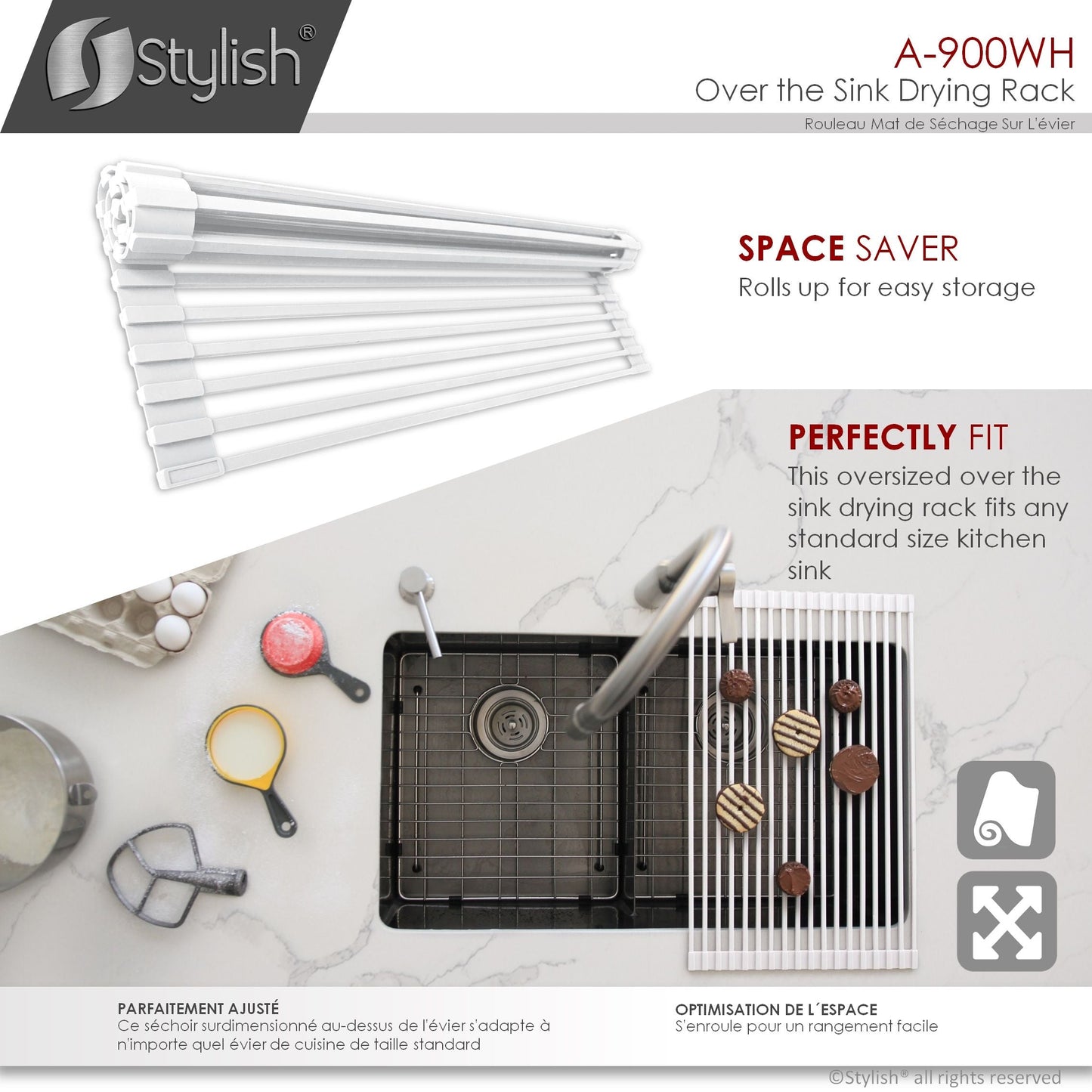 Stylish 20" Over the Sink Roll-up Drying Rack White A-900WH