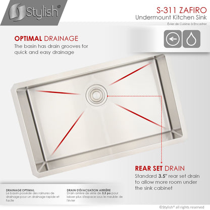 Stylish Zafiro 30" x 18" Single Bowl Undermount Stainless Steel Kitchen Sink S-311XG