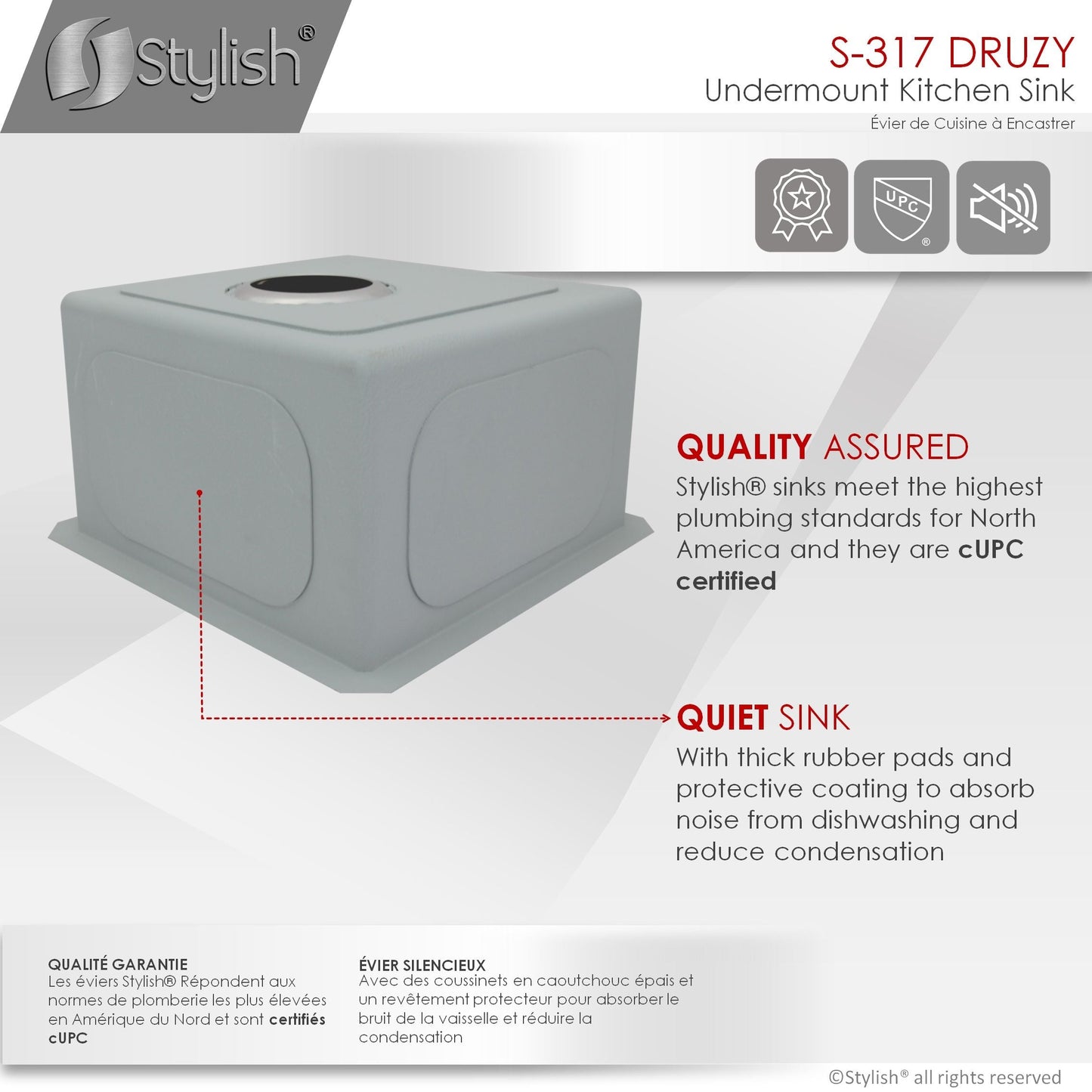 Stylish Druzy 15" x 15" Single Bowl Undermount Stainless Steel Kitchen Bar Prep Sink S-317G
