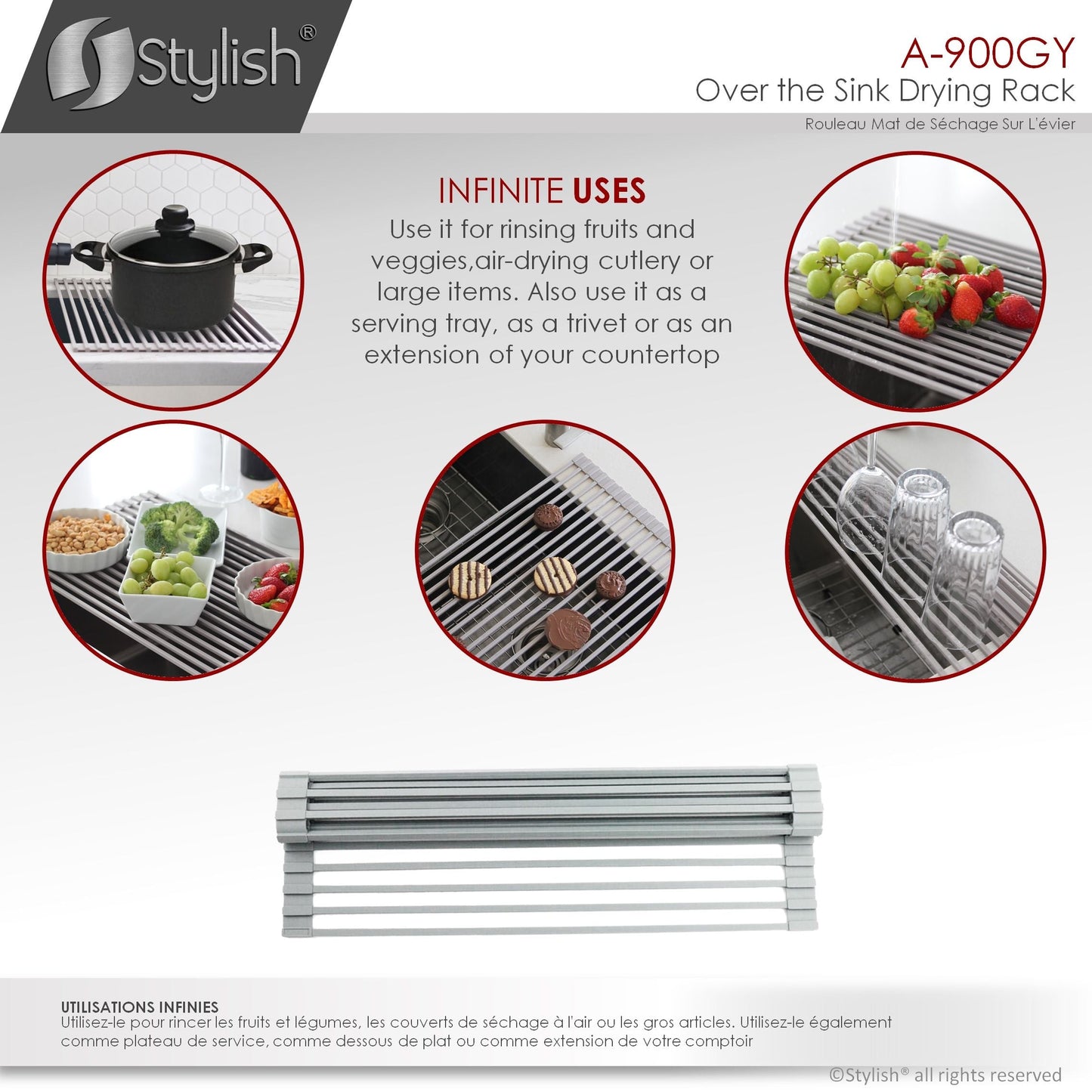 Stylish 20" Over the Sink Roll-up Drying Rack Gray A-900GY