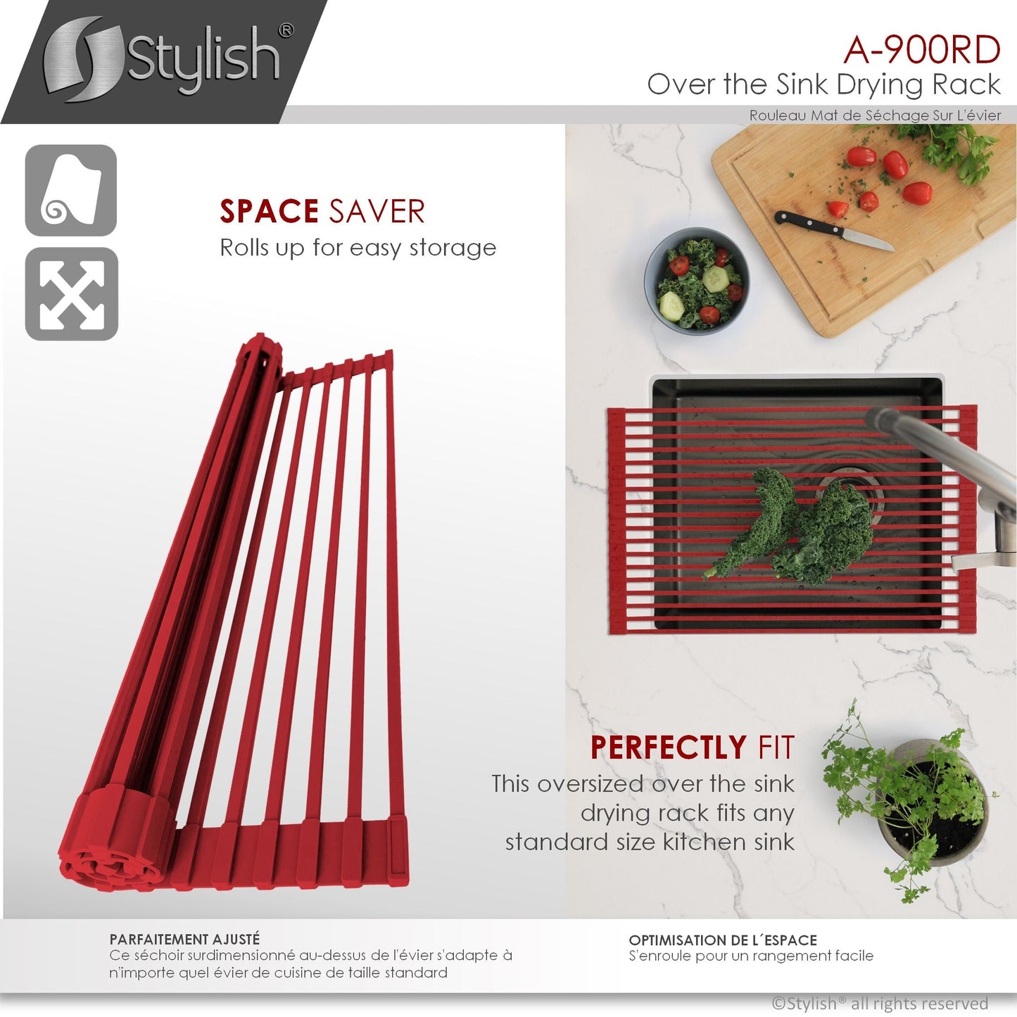 Stylish 20" Over the Sink Roll-up Drying Rack Red A-900RD