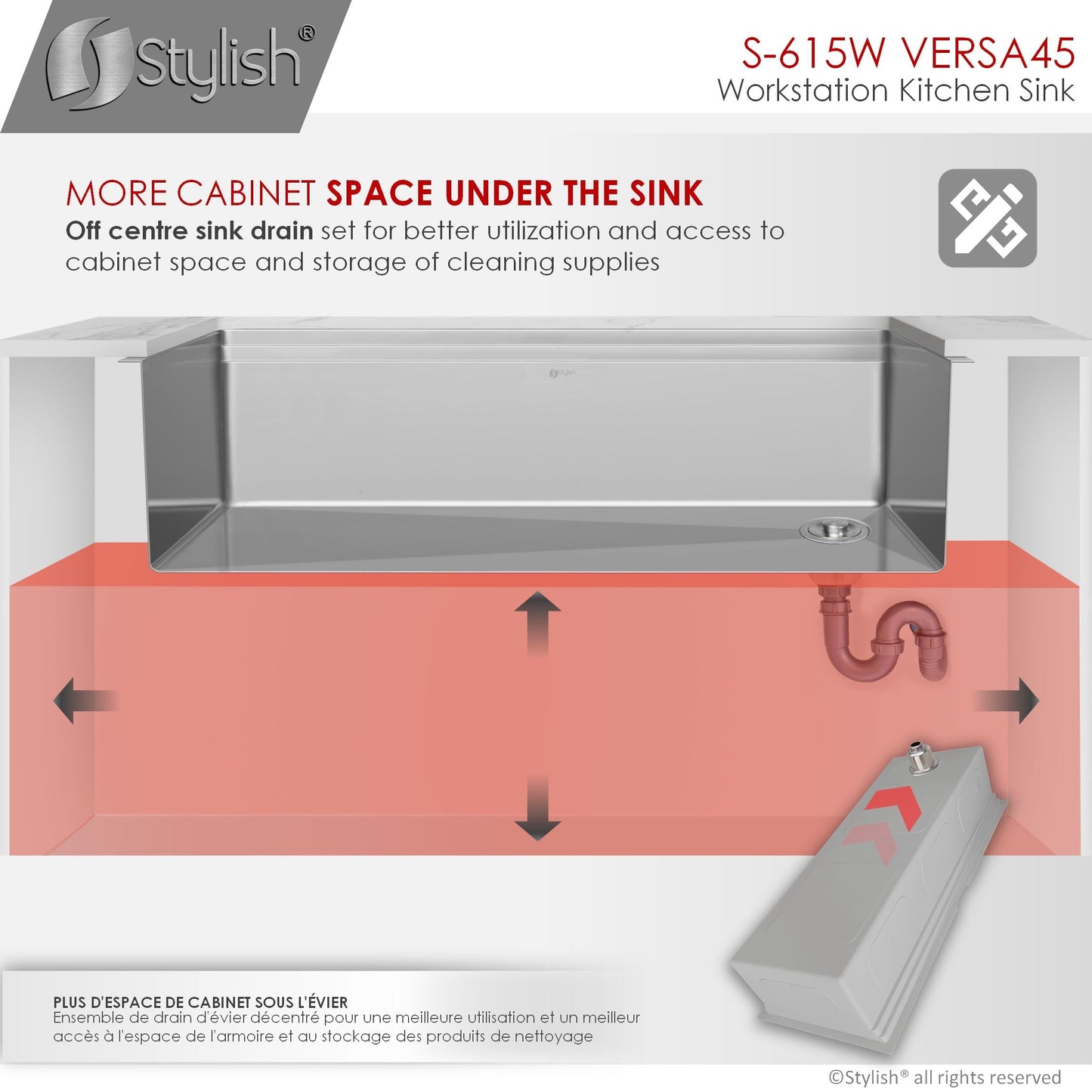 Stylish Versa45 45" x 19" Ledge Workstation Single Bowl Undermount 16 Gauge Stainless Steel Kitchen Sink with Built in Accessories S-615W