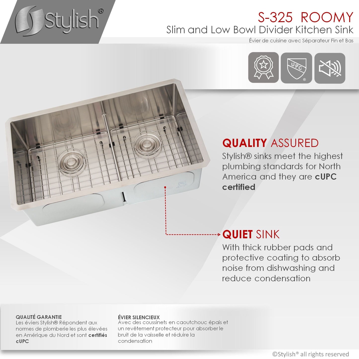 Stylish Roomy 32" x 18" Low Divider 60-40 Double Bowl Undermount Stainless Steel Kitchen Sink S-325XG