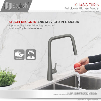 Stylish Turin 17" Kitchen Faucet Single Handle Pull Down Dual Mode Lead Free Gun Metal K-143P