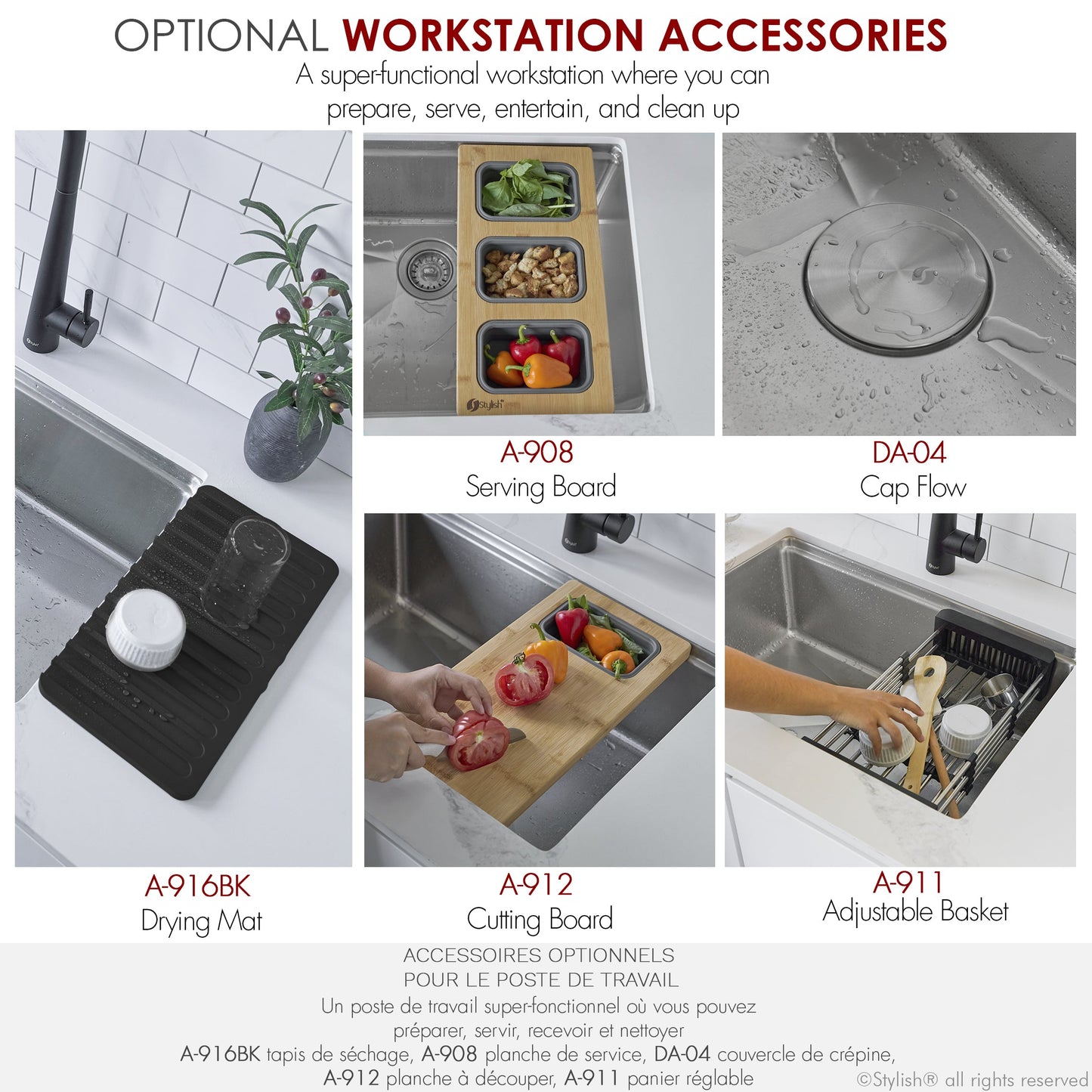 Stylish - Argon 27 inch Workstation Single Bowl Undermount and Drop-in 16 Gauge Stainless Steel Kitchen Sink with Built in Accessories