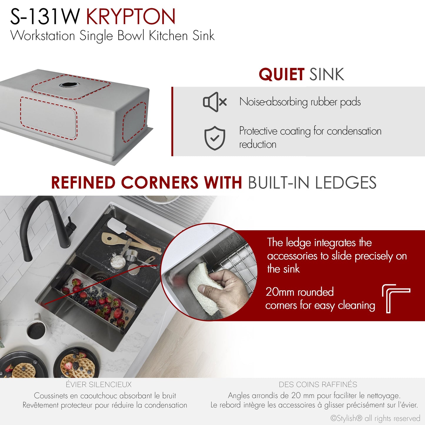 Stylish Krypton 31 Inch Workstation Single Bowl Undermount and Drop-in 16 Gauge Stainless Steel Kitchen Sink With Built in Accessories