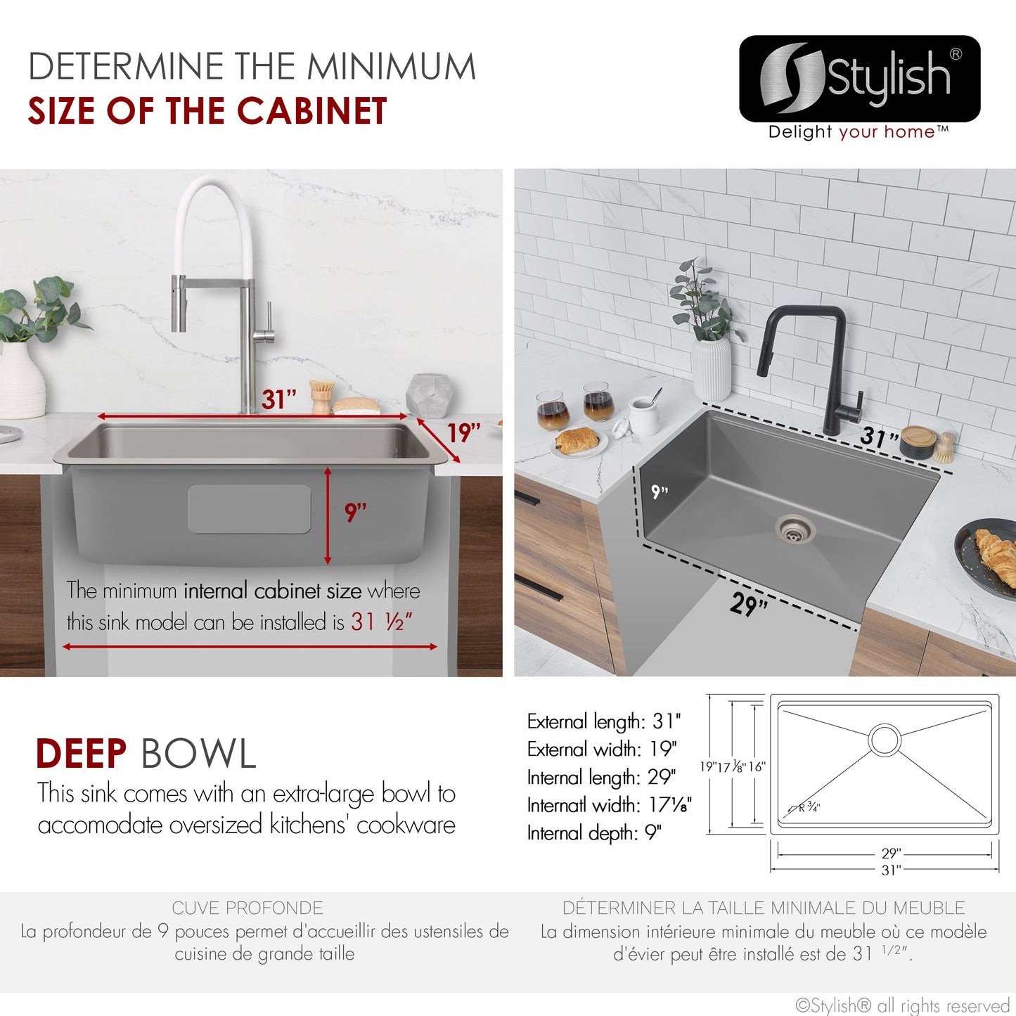 Stylish Krypton 31 Inch Workstation Single Bowl Undermount and Drop-in 16 Gauge Stainless Steel Kitchen Sink With Built in Accessories