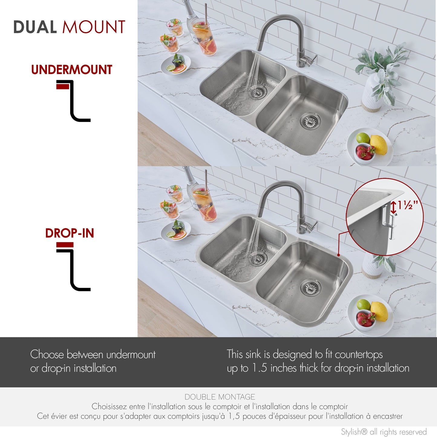 Stylish Jaspel 32" Dual Mount Double Bowl Kitchen Sink