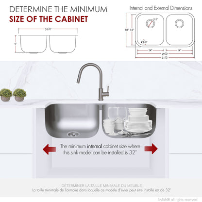 Stylish Jaspel 32" Dual Mount Double Bowl Kitchen Sink