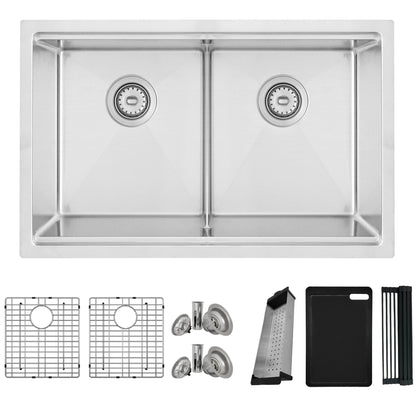 Stylish Boron 30 inch Workstation Double Bowl Undermount and Drop-in 16 Gauge Stainless Steel Kitchen Sink with Built in Accessories