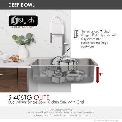 Stylish OLITE 27" Dual Mount Single Bowl Kitchen Sink (S-406TG)