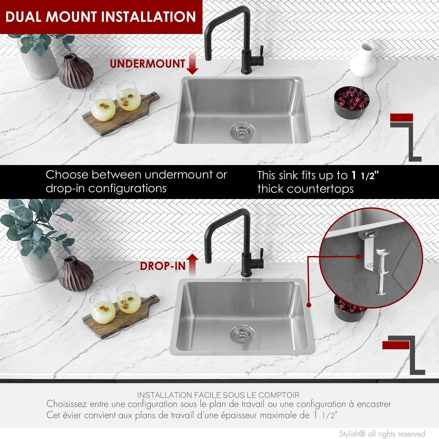 Stylish Palma 21"  Dual Mount Single Bowl Kitchen Sink (S-408T)