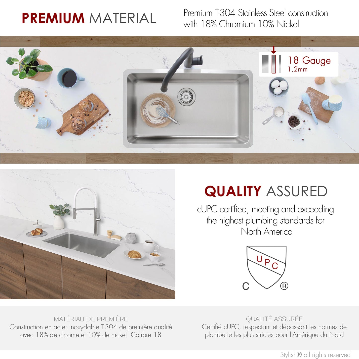 Stylish Malaga 30" Single Bowl Undermount and Drop-in Stainless Steel Kitchen Sink (S-411T)