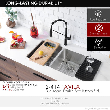 Stylish 29" Double Bowl Undermount and Drop-in Stainless Steel Kitchen Sink (S-414T)