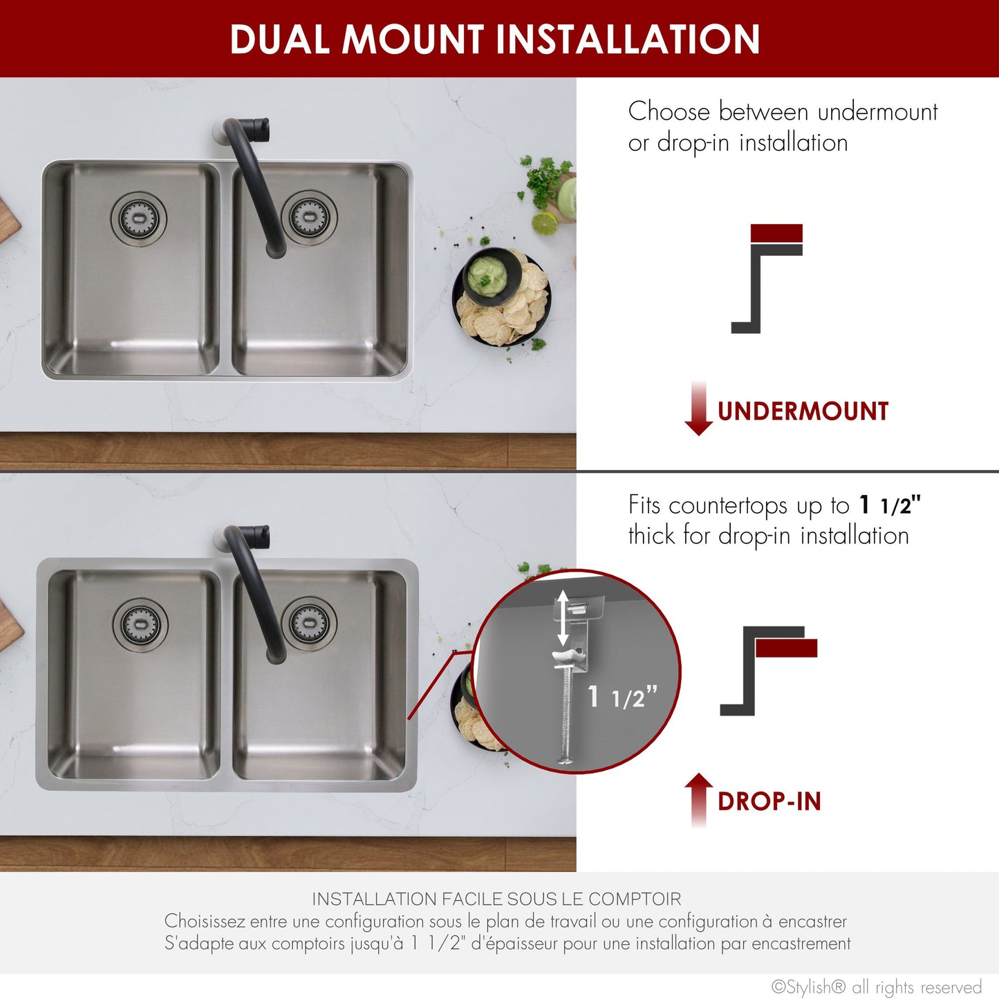 Stylish 29" Double Bowl Undermount and Drop-in Stainless Steel Kitchen Sink (S-414T)