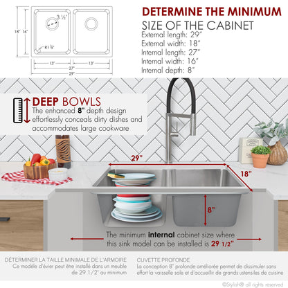 Stylish 29" Double Bowl Undermount and Drop-in Stainless Steel Kitchen Sink (S-414T)