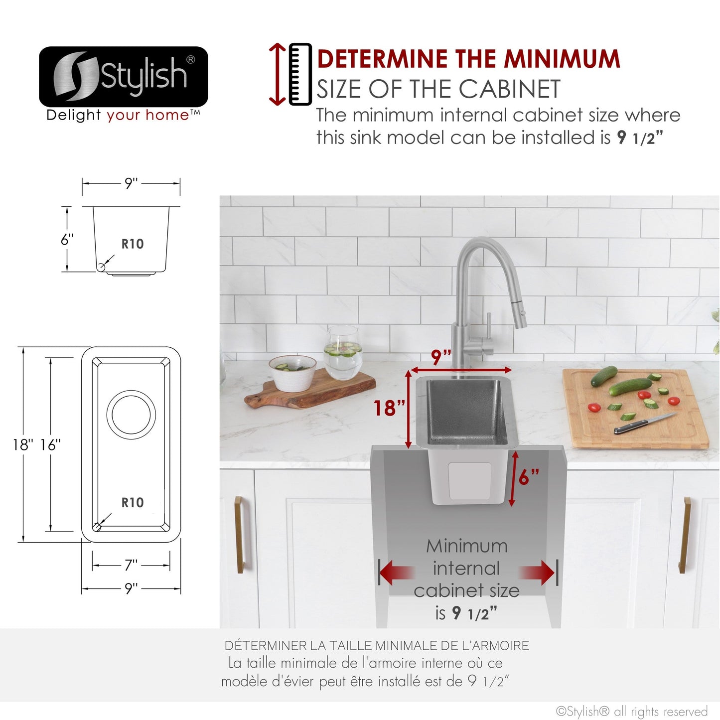Stylish  9 inch Single Bowl Undermount and Drop-in Stainless Steel Kitchen Sink