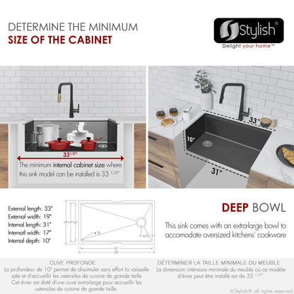 Stylish VERSA 33" 33 inch Workstation Single Bowl Undermount 16 Gauge Stainless Steel Kitchen Sink with Built in Accessories