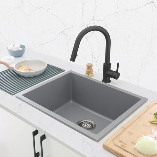 Stylish Aspen 22" x 17.5" Dual Mount Single Bowl Gray Composite Granite Kitchen Sink with Strainer