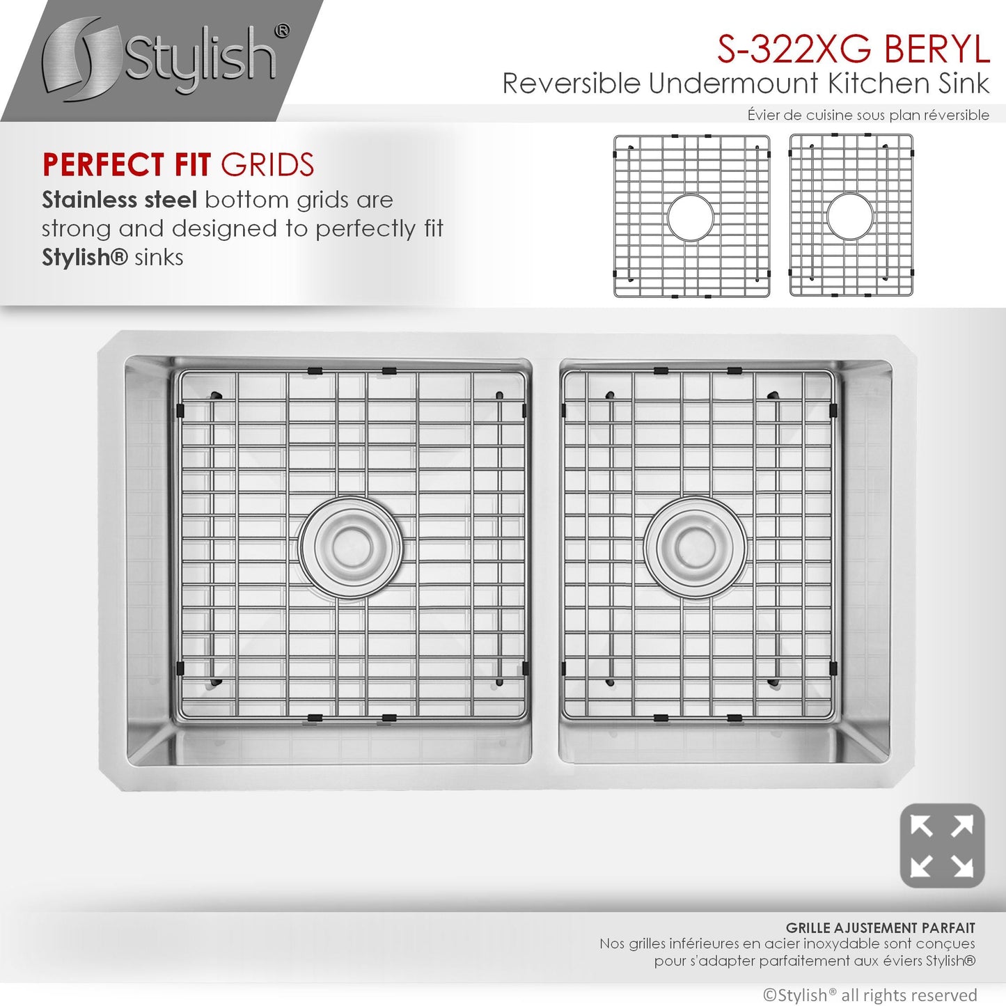 Stylish Beryl 33" x 18" Double Bowl 60/40 Reversible Undermount 16G Stainless Steel Kitchen Sink S-322XG