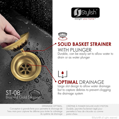Stylish 3.5 Inch Brushed Gold Stainless Steel Kitchen Sink Strainer with Removable Basket, Strainer Assembly