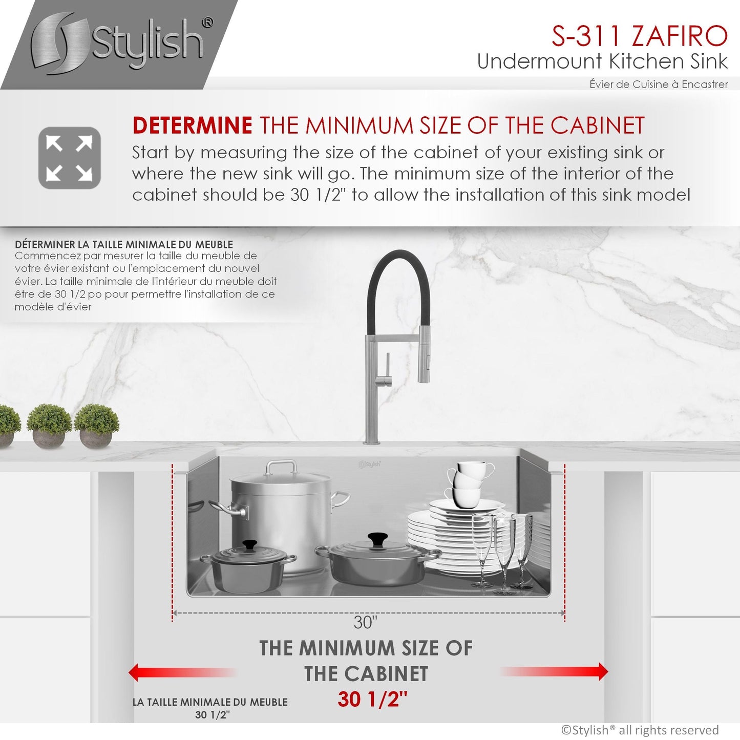 Stylish Zafiro 30" x 18" Single Bowl Undermount Stainless Steel Kitchen Sink S-311XG