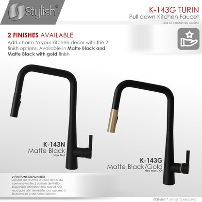 Stylish Turin 17" Kitchen Faucet Single Handle Pull Down Dual Mode Lead Free Matte Black/Gold K-143NG