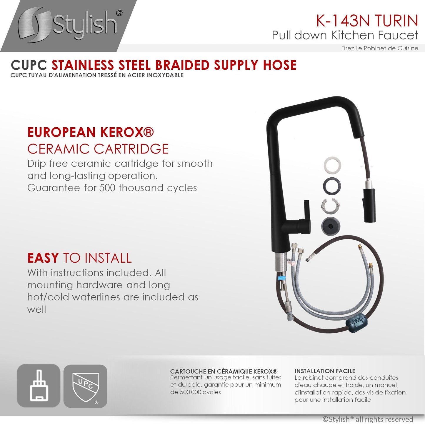 Stylish Turin 17" Kitchen Faucet Single Handle Pull Down Dual Mode Lead Free Matte Black K-143N