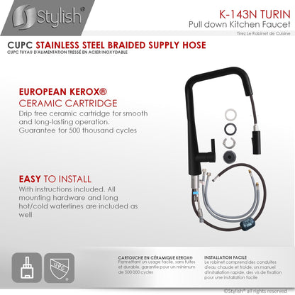 Stylish Turin 17" Kitchen Faucet Single Handle Pull Down Dual Mode Lead Free Matte Black K-143N