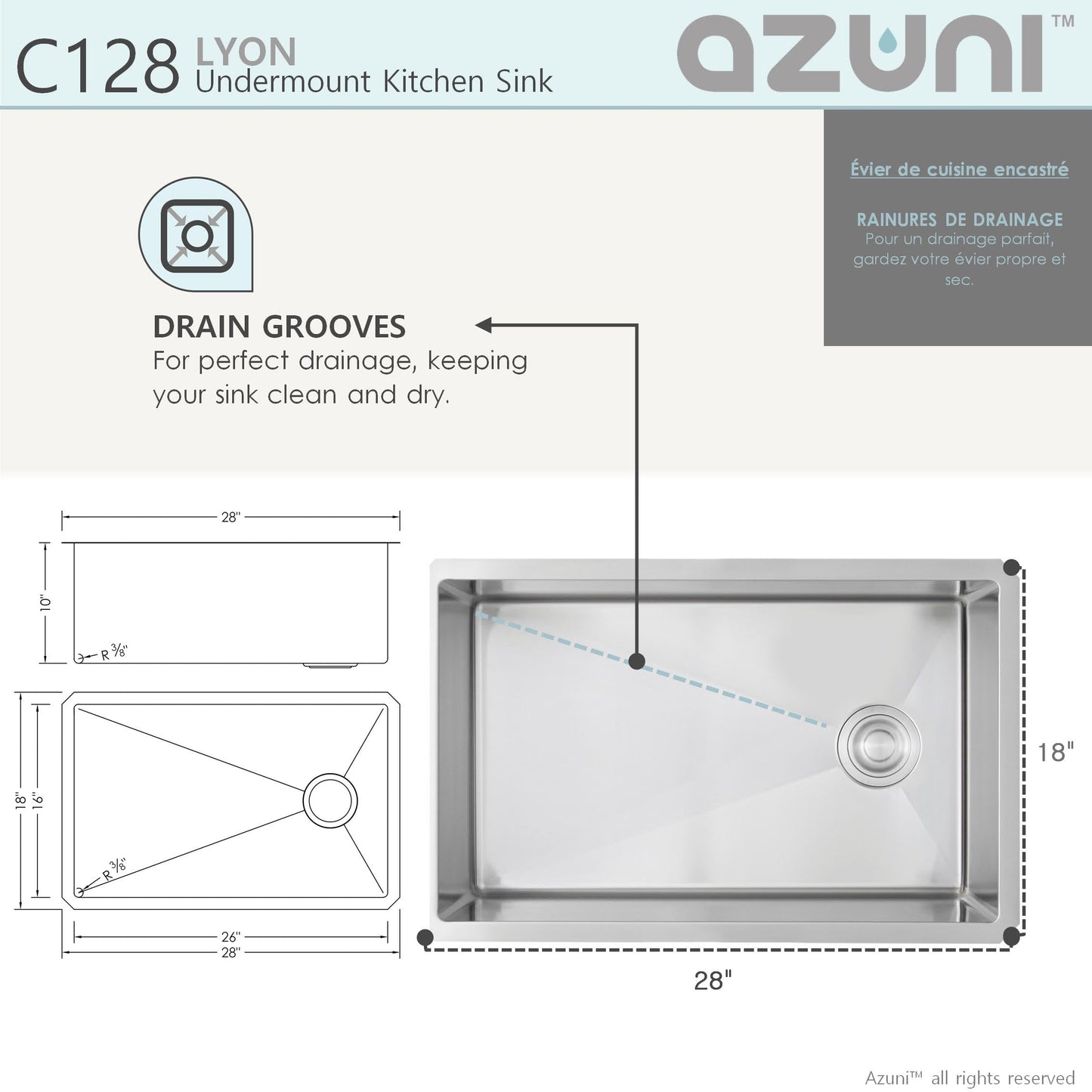 Stylish Azuni 28" x 18" Lyon Undermount Single Bowl Kitchen Sink Stainless Steel C128