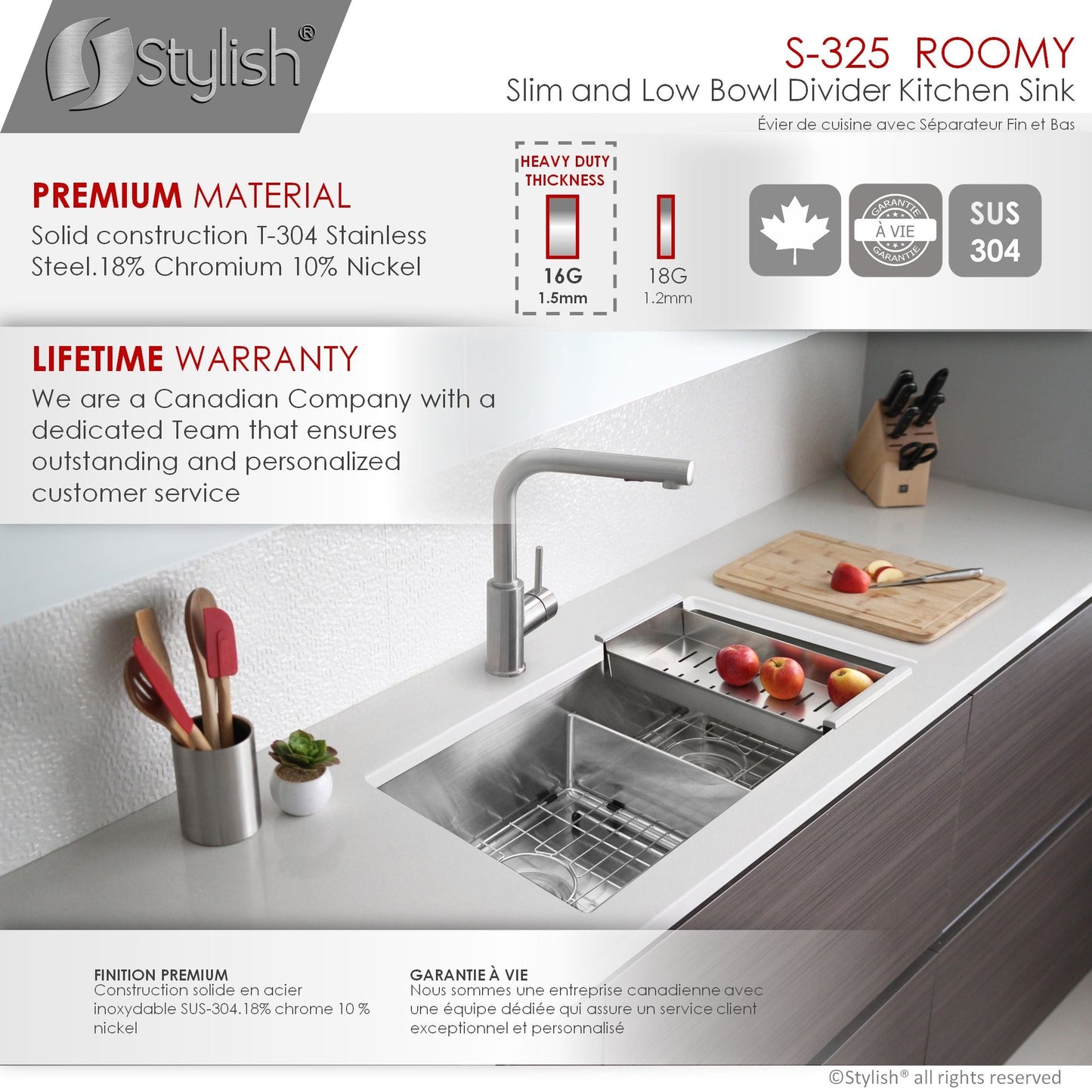 Stylish Roomy 32" x 18" Low Divider 60-40 Double Bowl Undermount Stainless Steel Kitchen Sink S-325XG
