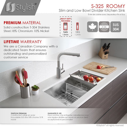 Stylish Roomy 32" x 18" Low Divider 60-40 Double Bowl Undermount Stainless Steel Kitchen Sink S-325XG