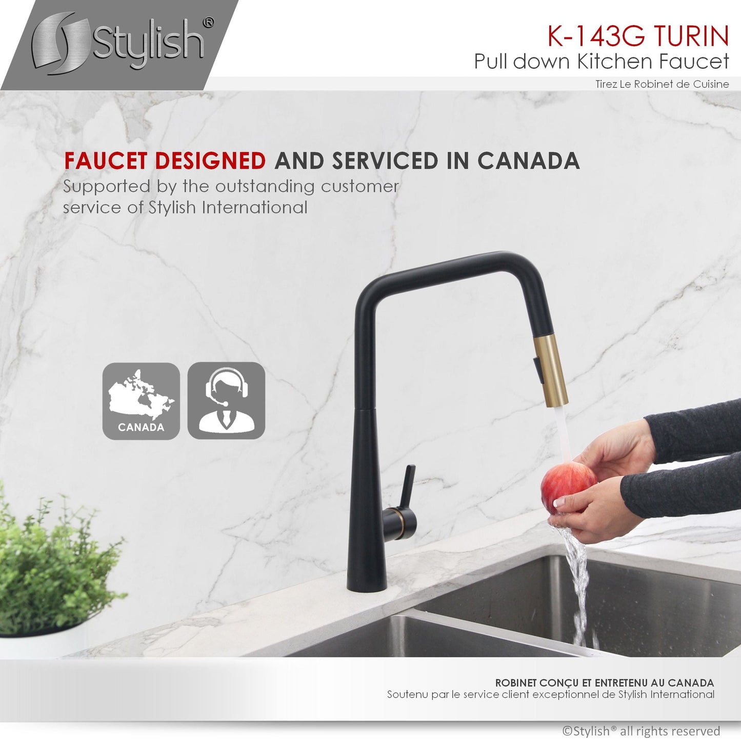 Stylish Turin 17" Kitchen Faucet Single Handle Pull Down Dual Mode Lead Free Matte Black/Gold K-143NG