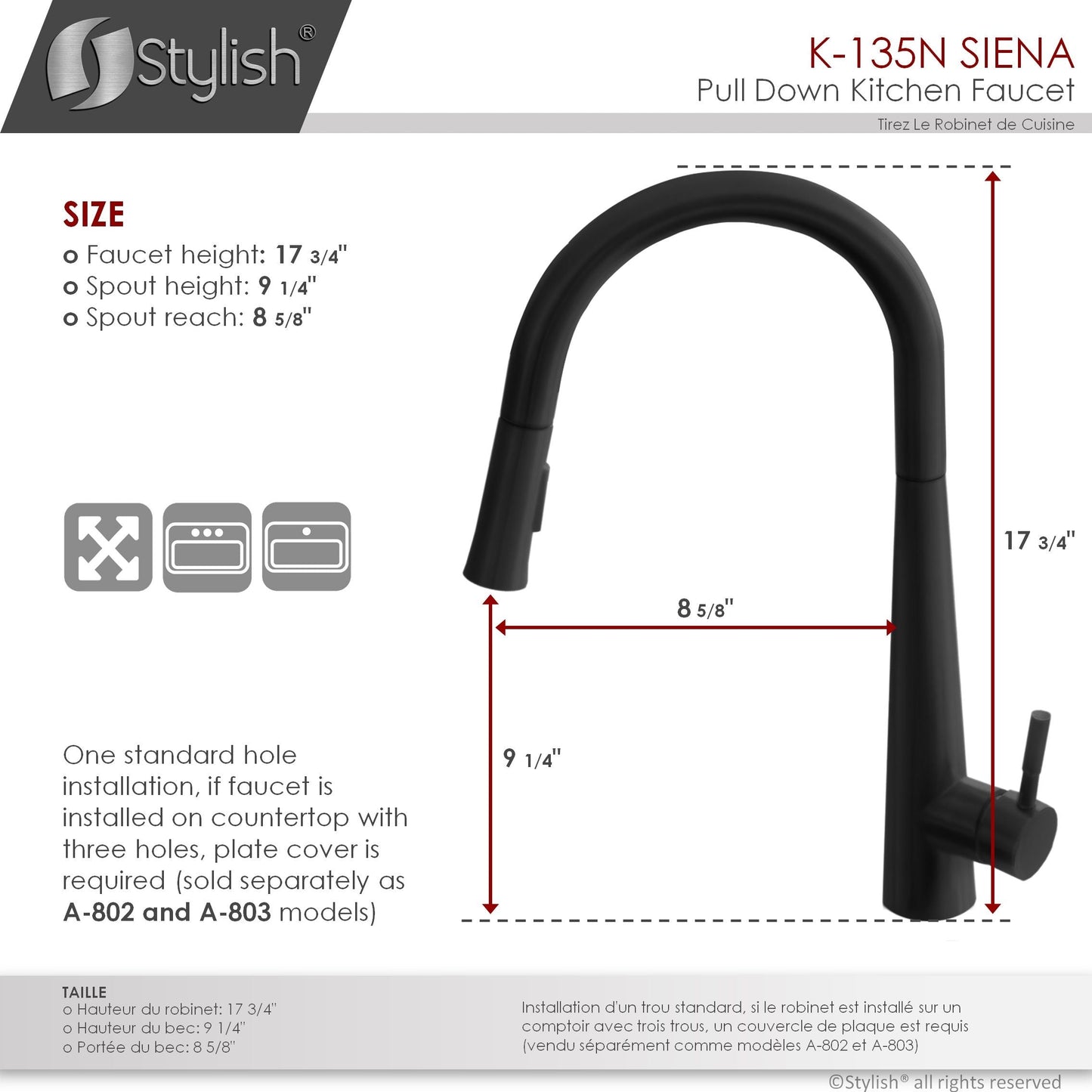 Stylish Siena 17" Kitchen Faucet Single Handle Pull Down Dual Mode Stainless Steel in Matte Black Finish K-135N