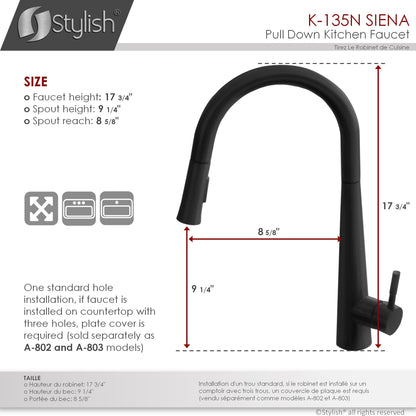 Stylish Siena 17" Kitchen Faucet Single Handle Pull Down Dual Mode Stainless Steel in Matte Black Finish K-135N