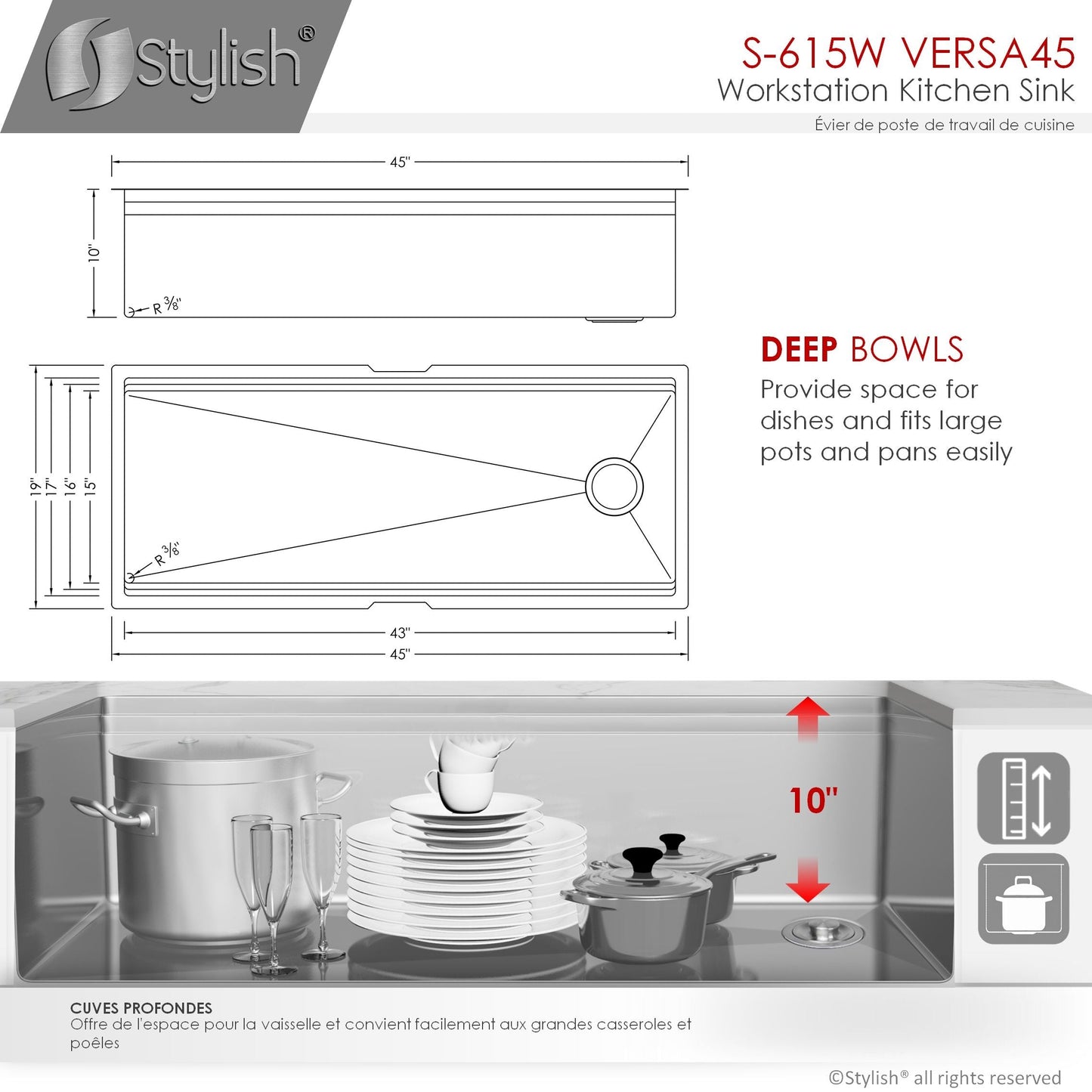 Stylish Versa45 45" x 19" Ledge Workstation Single Bowl Undermount 16 Gauge Stainless Steel Kitchen Sink with Built in Accessories S-615W