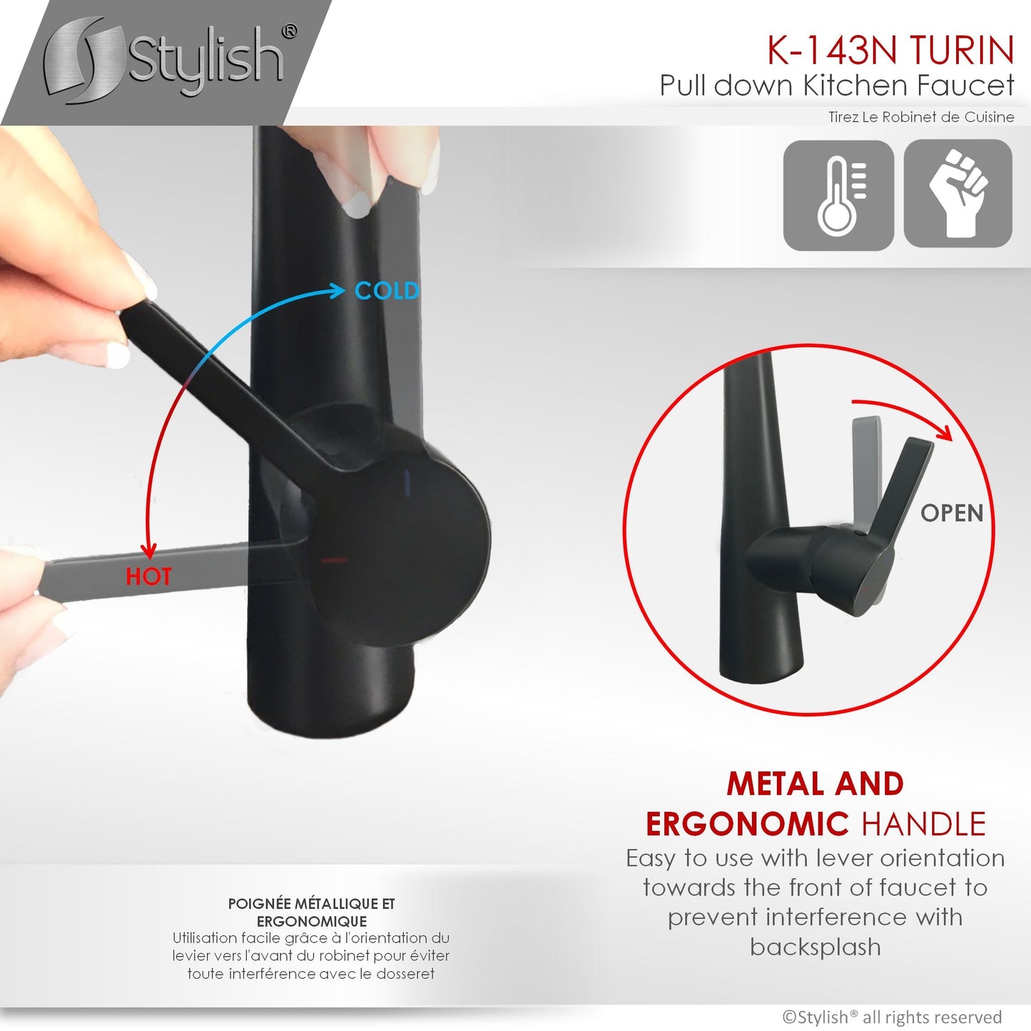 Stylish Turin 17" Kitchen Faucet Single Handle Pull Down Dual Mode Lead Free Matte Black K-143N