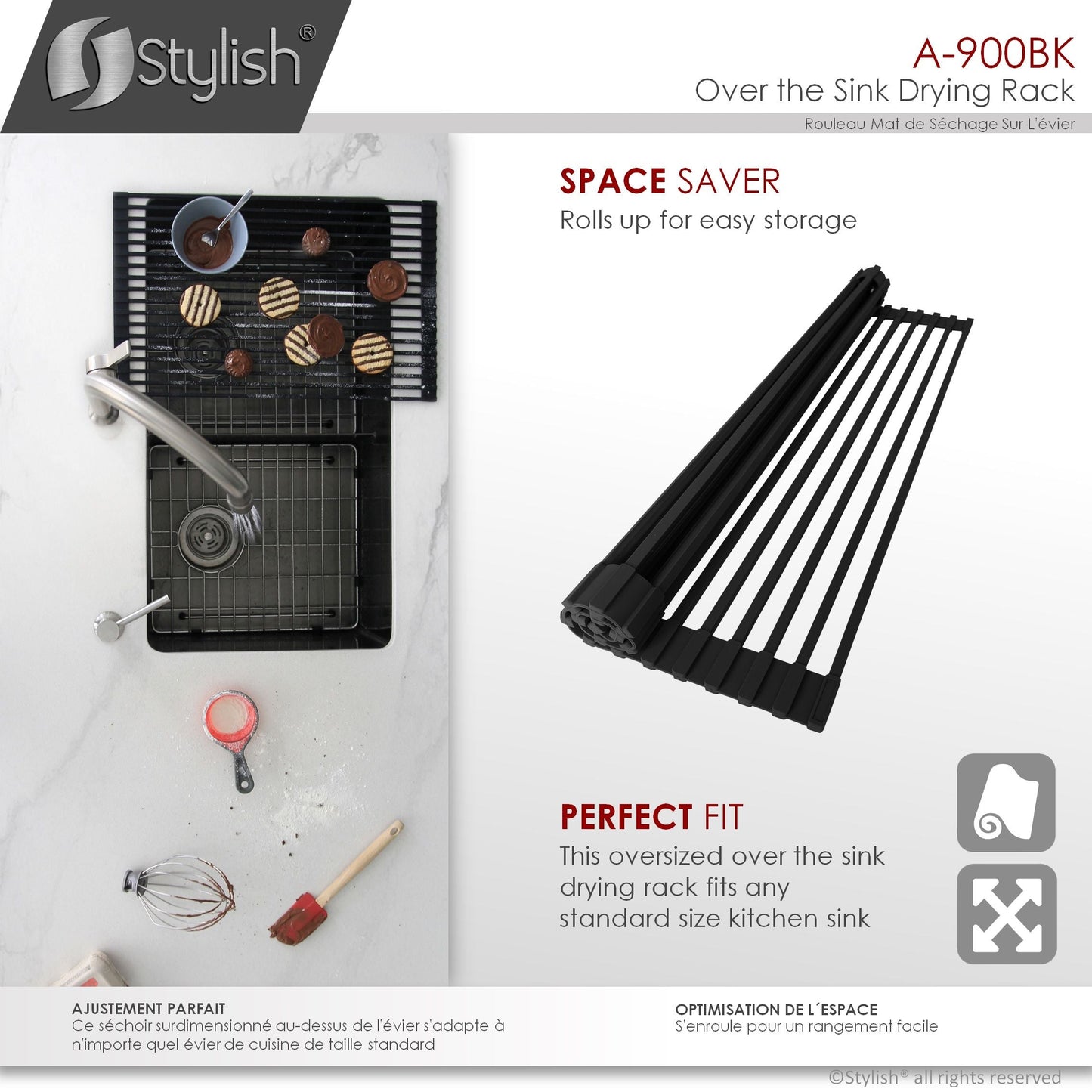Stylish 20" Over the Sink Roll-up Drying Rack Black A-900BK