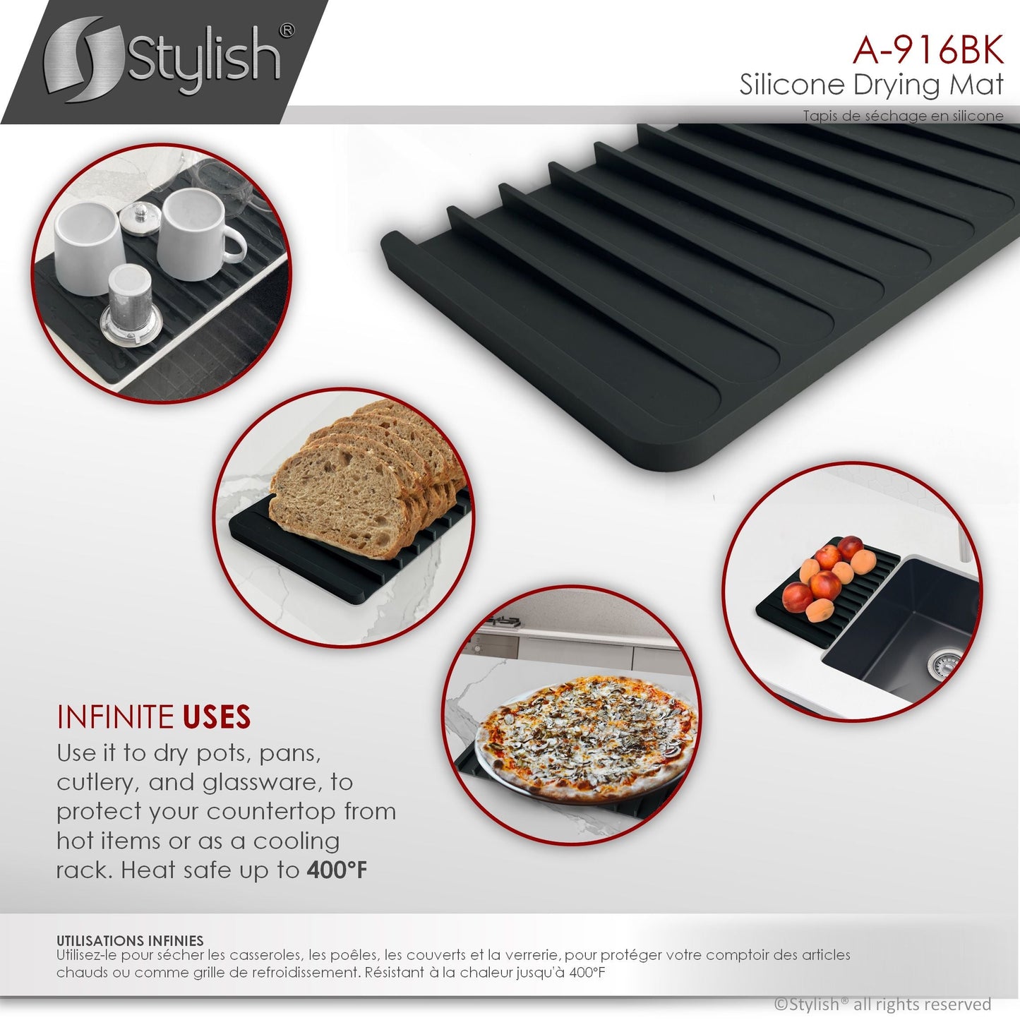 Stylish Silicone Drying Mat and Trivet, Black